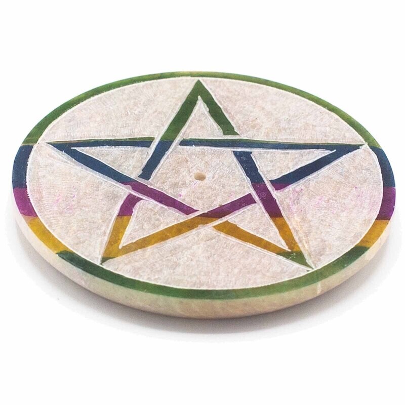 Soapstone Disc Incense Holder 8cm - Pentagram