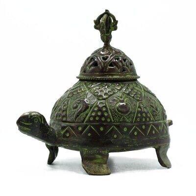 Brass Verdigris Tibetan Turtle Incense Holder - Large
