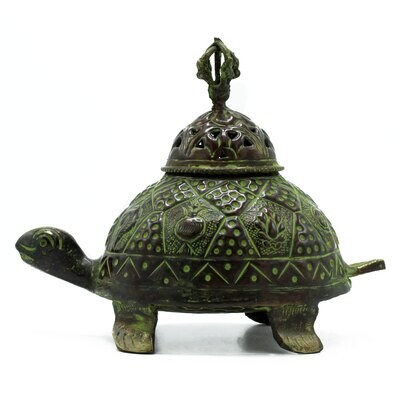 Brass Verdigris Tibetan Turtle Incense Holder - Large