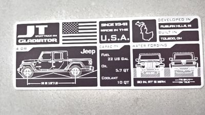 JL, JT, or JK Data Plate on MILITARY GRADE ALUMINUM