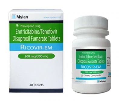 Ricovir EM (リコビルEM) 
表示されている金額には、税金、送料を含みます。
ツルバダのジェネリック医薬品で、エムトリシタビン200mg及びテノホビルジソプロキシルフマル酸塩300mgの配合薬で、ツルバダと同じ薬効成分です。
米国食品医薬品局（FDA)など多くの 機関にて認可済です。
数量、並びに服用方法：1ボトル30錠（30日分）/ 1日1回1錠
Mylan社製造のツルバダジェネリックです。