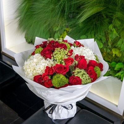 Red Roses, White Hydrangea and a Touch of Green Bouquet