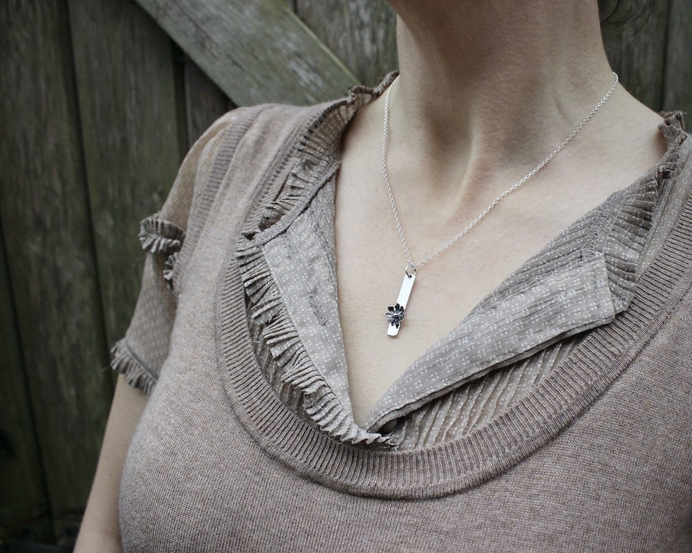 Silver Flower Bar Pendant Necklace
