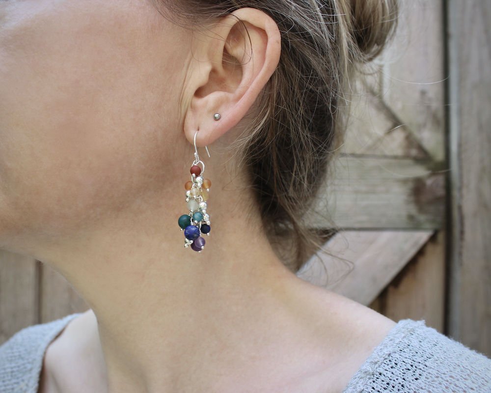 Rainbow Gemstone & Sterling Silver Beaded Drop Earrings