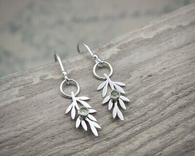 Silver & Green Prehnite Olive Branch Drop Earrings