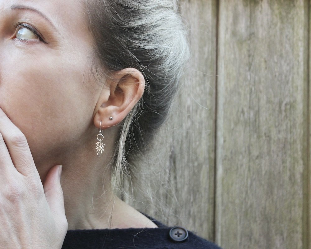 Silver & Green Prehnite Olive Branch Drop Earrings