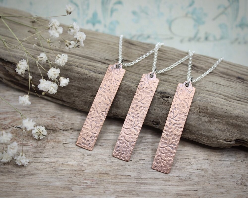 Copper Floral Patterned Bar Pendant