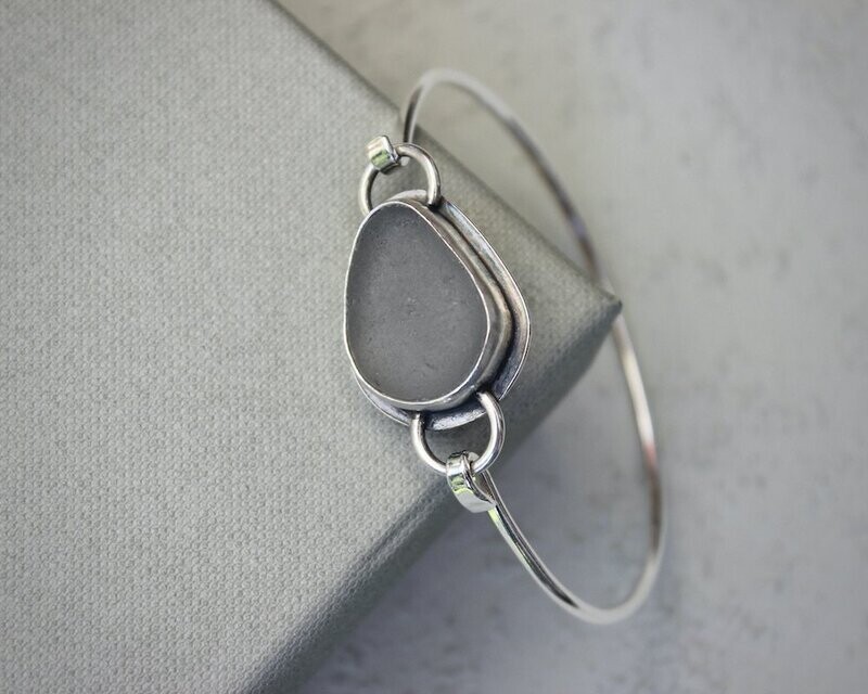 Dark Grey Sea Glass Clasp Bangle, Hallmarked