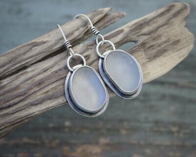 Light Silver Grey Sea Glass Bezel-Set Drop Earrings