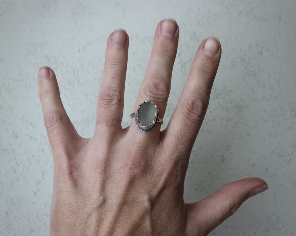 Silvery Grey Sea Glass Ring, UK Size O