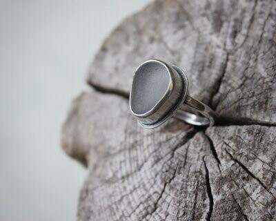 Steel Grey Sea Glass Ring, UK Size M