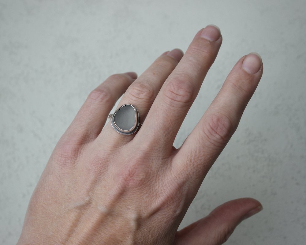 Steel Grey Sea Glass Ring, UK Size M
