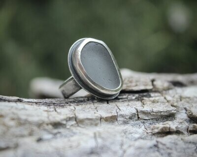 Light Steel Grey Sea Glass Ring, UK Size L