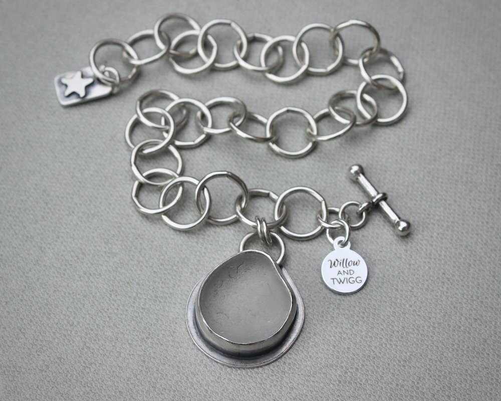 Light Silver Grey Sea Glass Charm Bracelet, Hallmarked