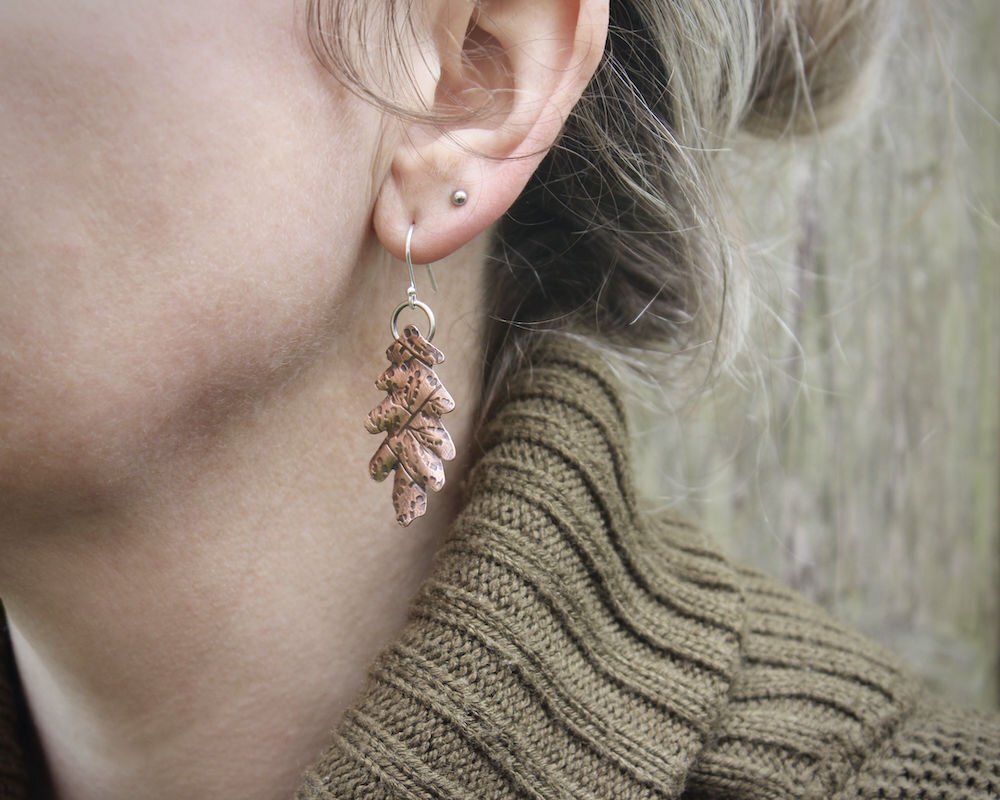 Copper Oak Leaf Drop Earrings