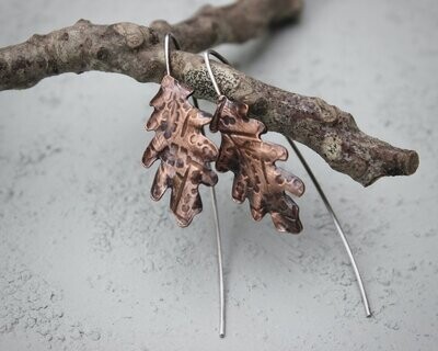 Copper Oak Leaf Threader Hoop Earrings