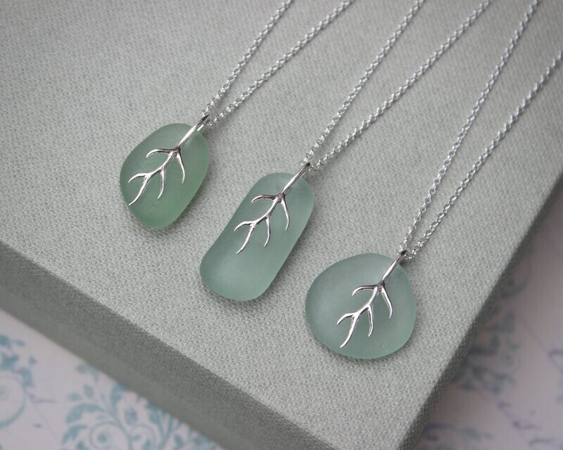 Sea Glass & Silver 'Seaweed Bail' Pendant Necklace