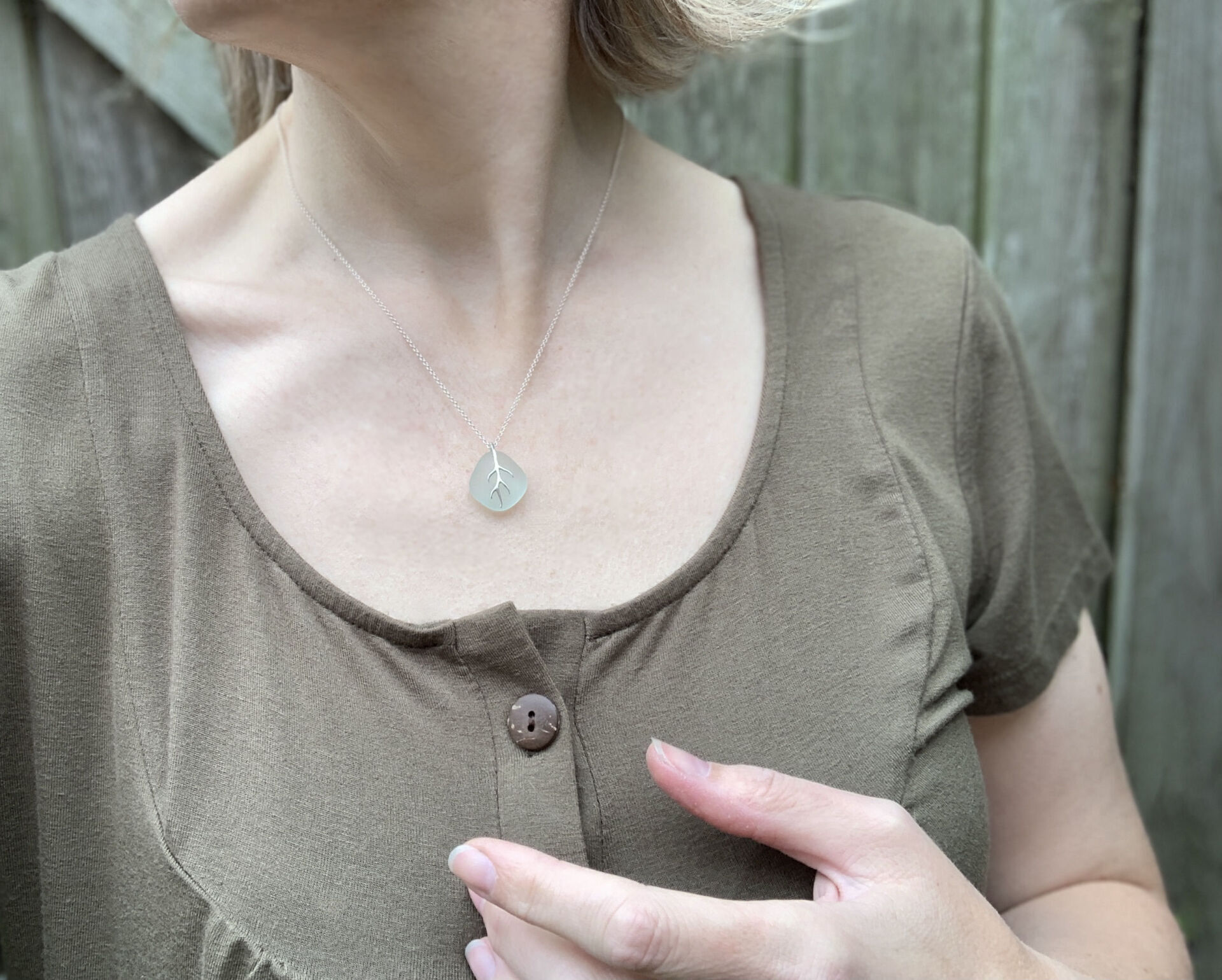 Sea Glass & Silver 'Seaweed Bail' Pendant Necklace