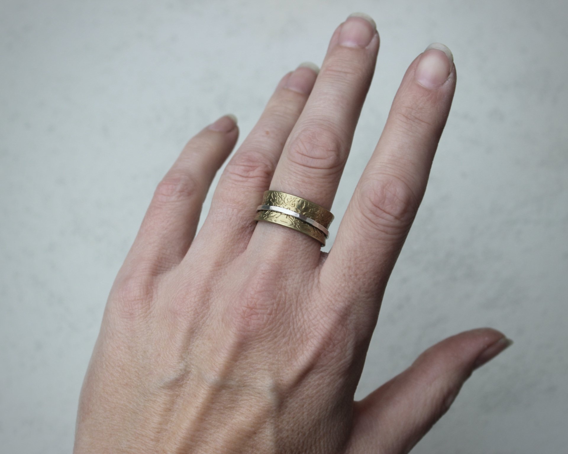 Brass & Sterling Silver Spinner Ring - To Fit UK Size L