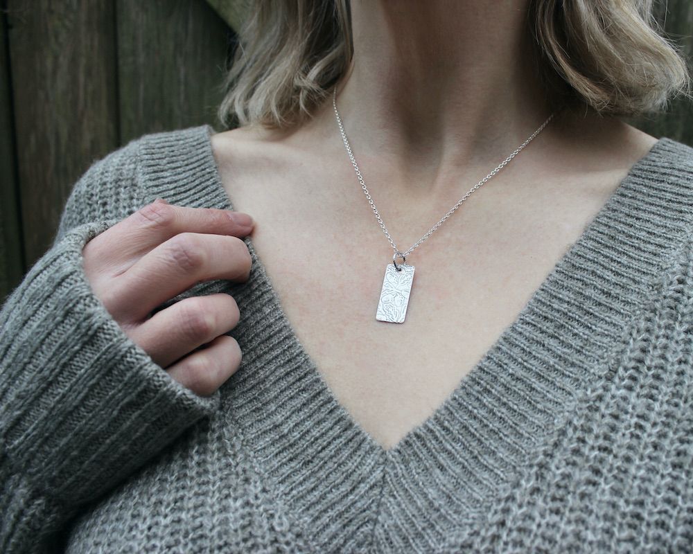 Oak Leaf & Acorn Patterned Sterling Silver Rectangular Necklace