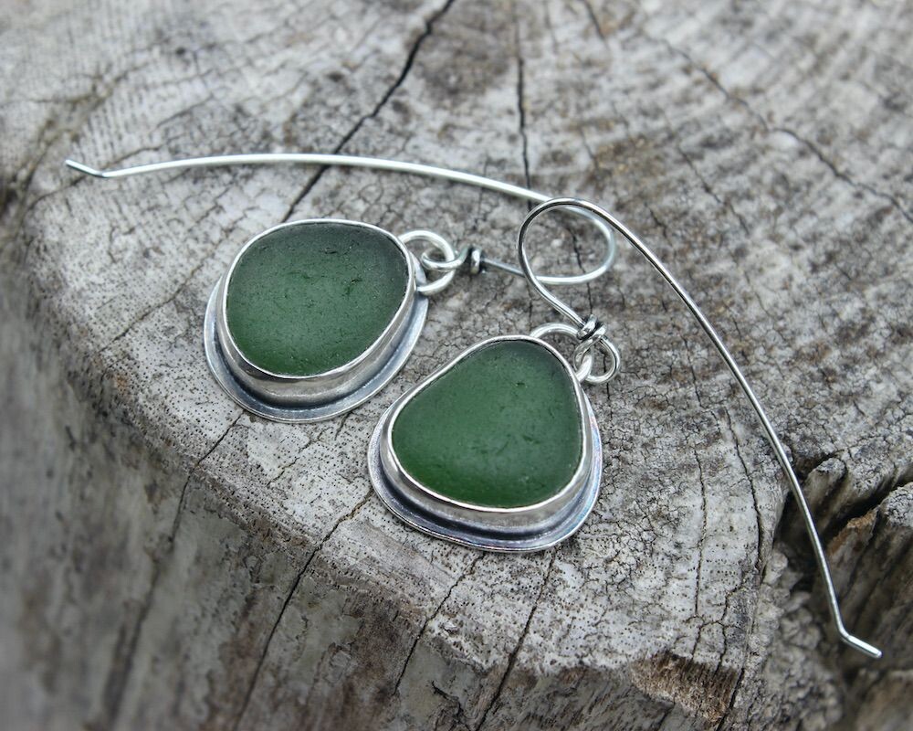 Emerald Green Sea Glass & Sterling Silver Drop Earrings