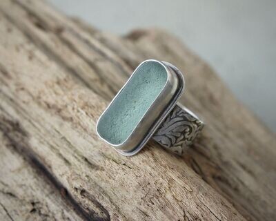 Seafoam Sea Glass & Sterling Silver Wide Band Ring, UK Size L/M