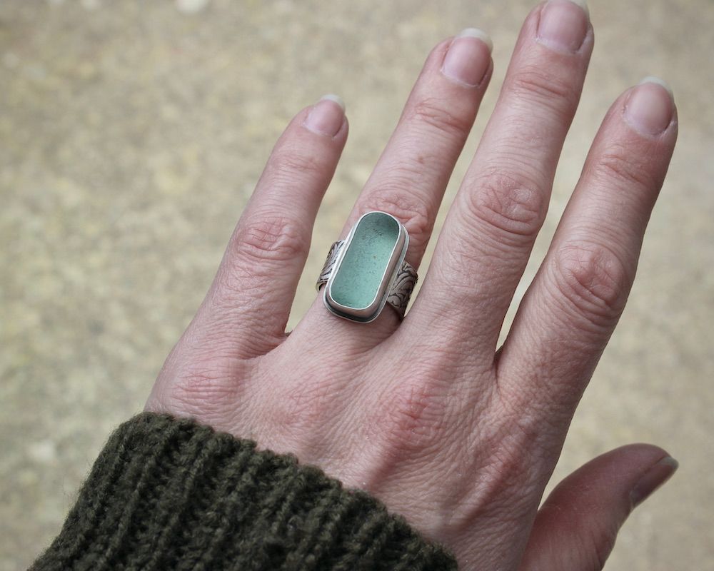 Seafoam Sea Glass & Sterling Silver Wide Band Ring, UK Size L/M