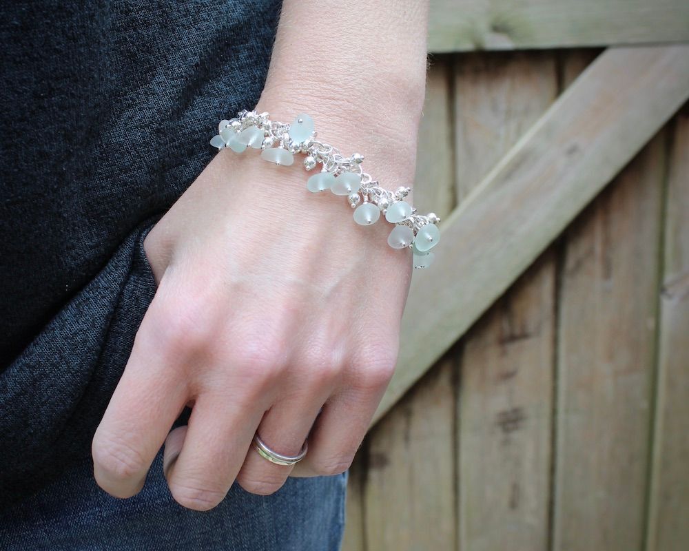 Sea Glass & Sterling Silver Beaded Charm Bracelet, Hallmarked