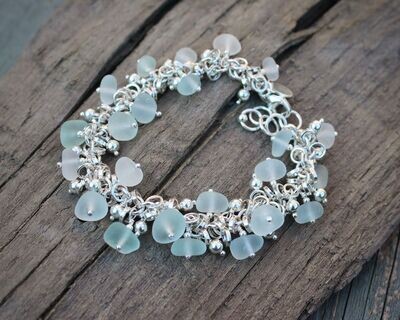 Sea Glass & Sterling Silver Beaded Charm Bracelet, Hallmarked