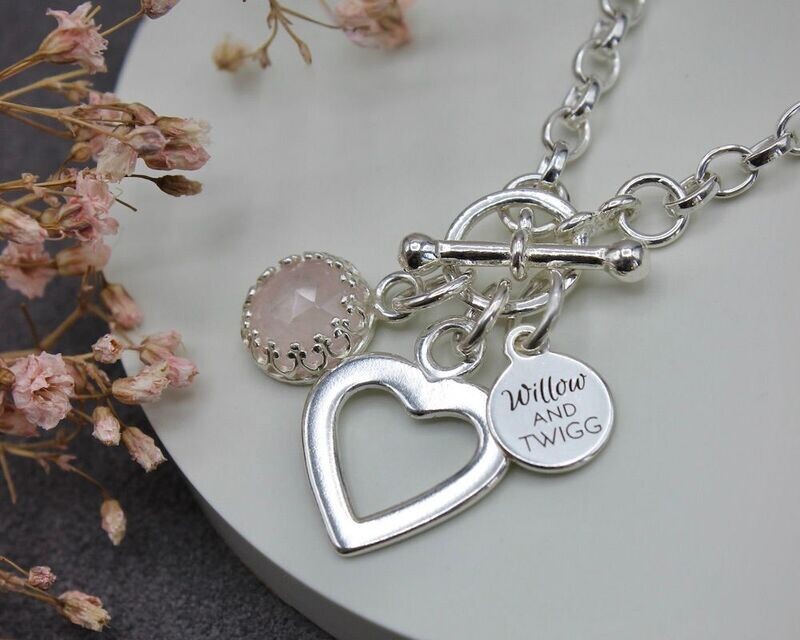 Sterling Silver Open Heart & Rose Quartz Charm Necklace, Hallmarked