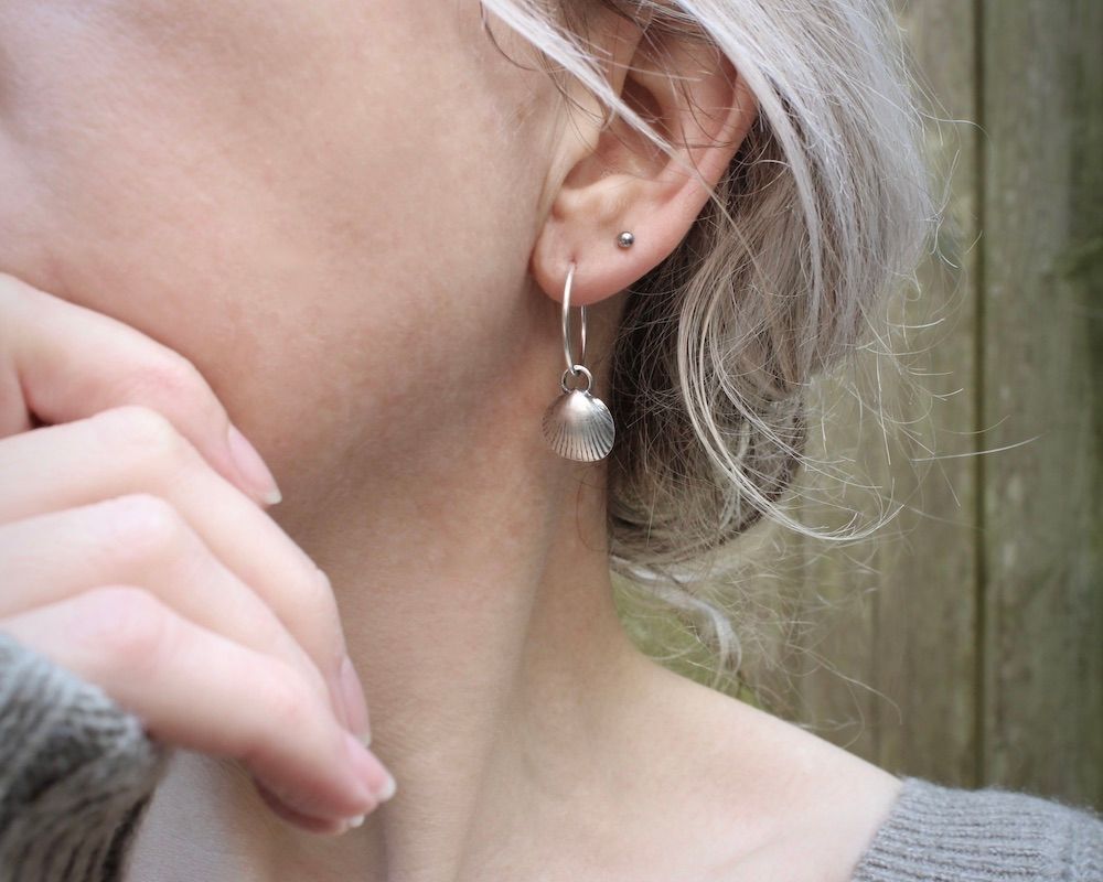Solid Silver Sea Shell Hoop Earrings