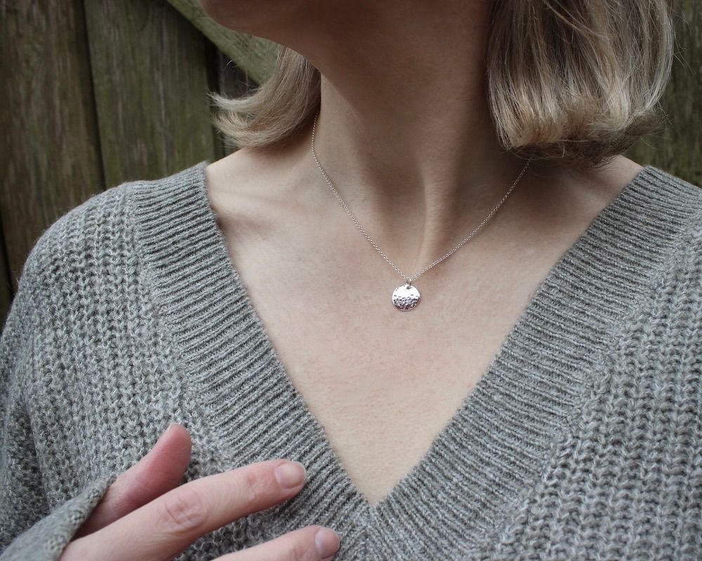 Minimalist Hammered Disc Circle Pendant Necklace