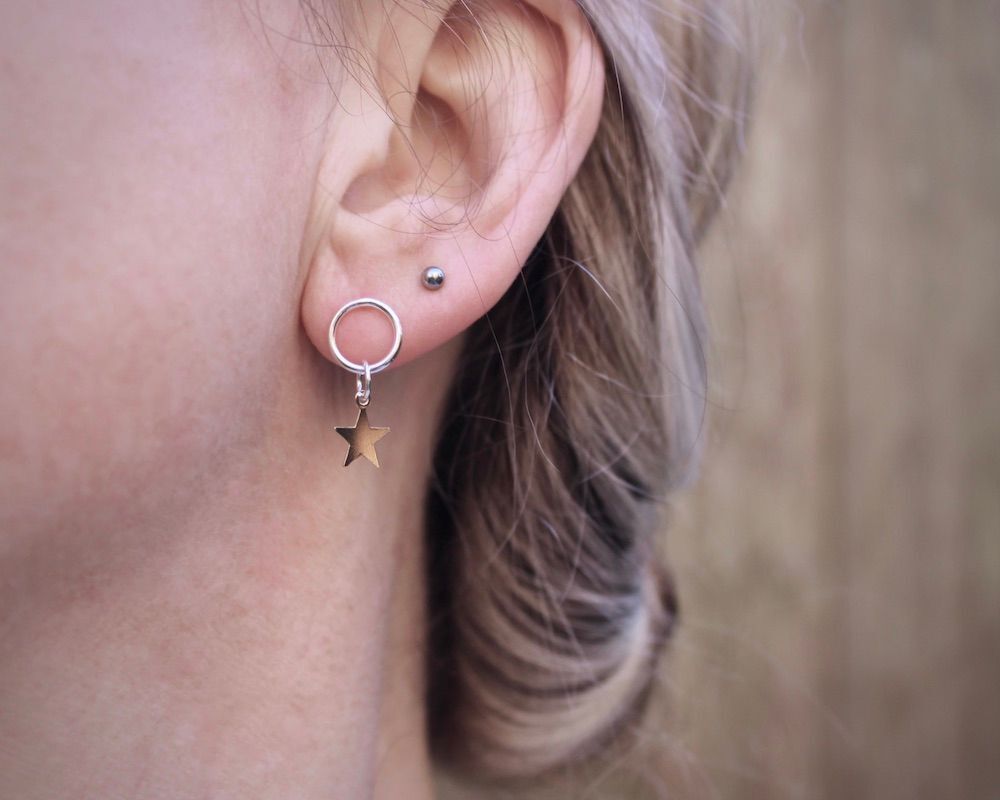 Silver Circle & Gold Star Drop Earrings (With Posts)