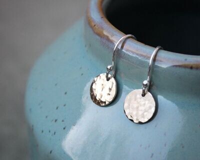 Hammered Circle Drop Earrings - Available in Silver or Gold