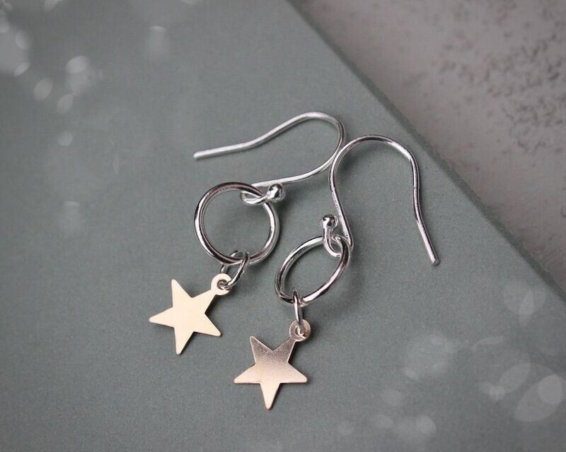 Silver Circle & Gold Star Drop Earrings (With Hooks)