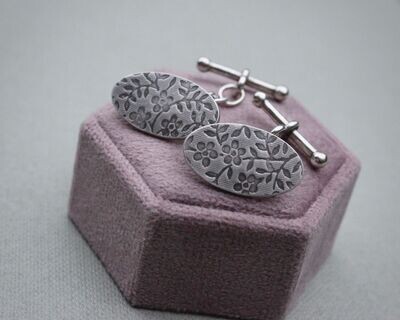 Silver Oval-Shaped Floral Patterned Cufflinks