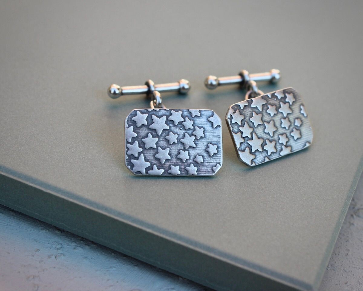 Silver Stars Rectangular Chain & T-Bar Silver Cufflinks