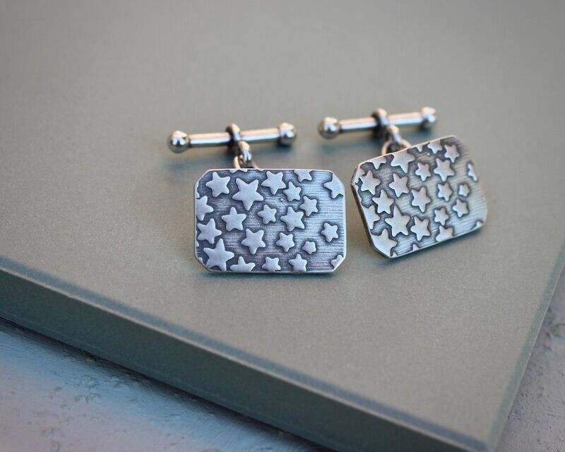 Silver Stars Rectangular Chain & T-Bar Silver Cufflinks