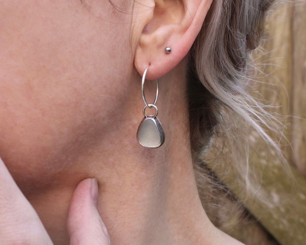 Pale Blue Sea Glass & Sterling Silver Hoop Earrings