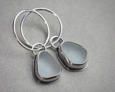 Pale Blue Sea Glass & Sterling Silver Hoop Earrings