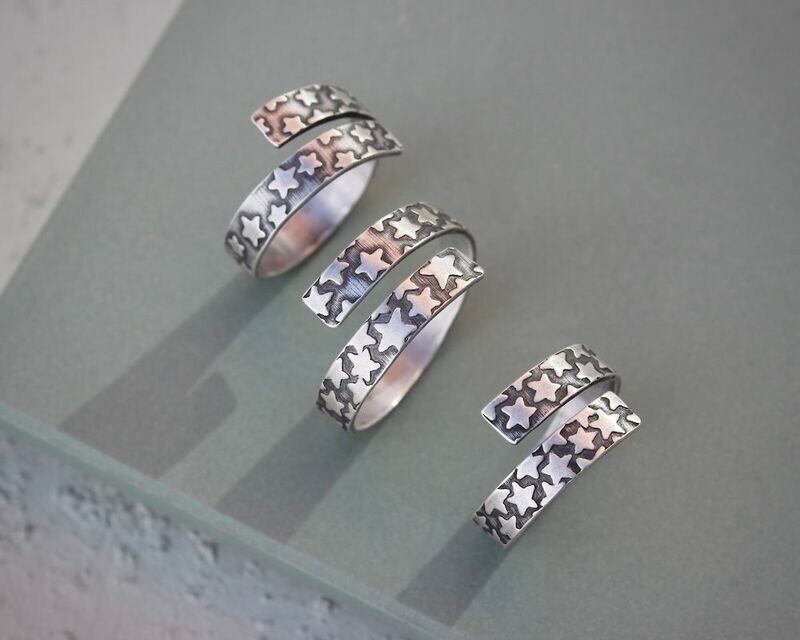 Silver Stars Open Band Adjustable Sterling Silver  Wrap Ring