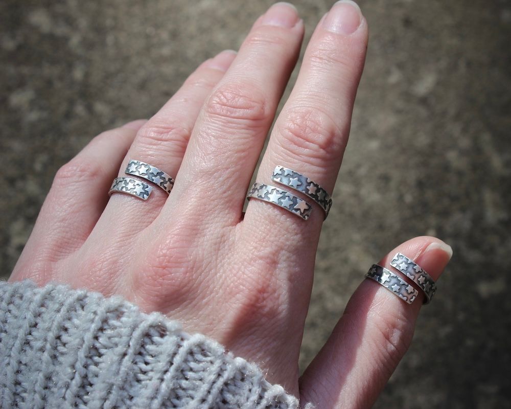 Silver Stars Open Band Adjustable Sterling Silver  Wrap Ring