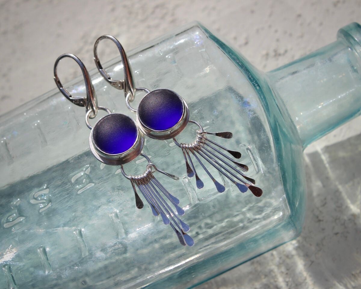 Cobalt Blue Sea Glass & Sterling Silver Drop Earrings