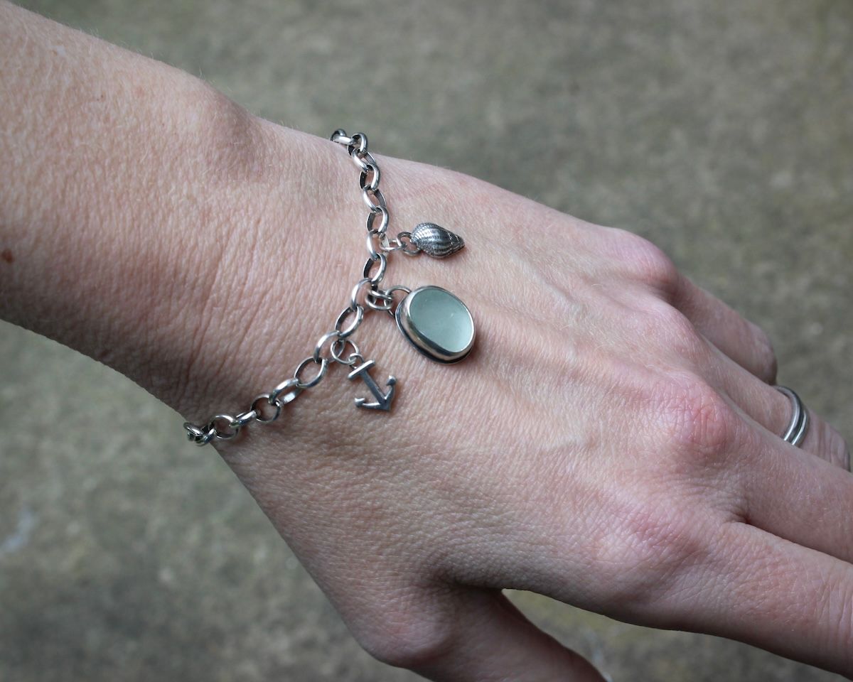 Sea Glass Charm Bracelet With Anchor & Shell