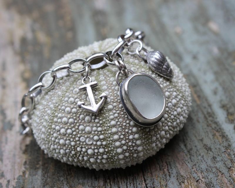 Sea Glass Charm Bracelet With Anchor & Shell