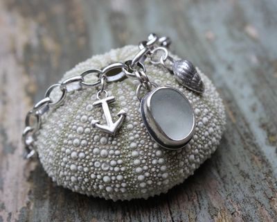 Sea Glass Charm Bracelet With Anchor & Shell