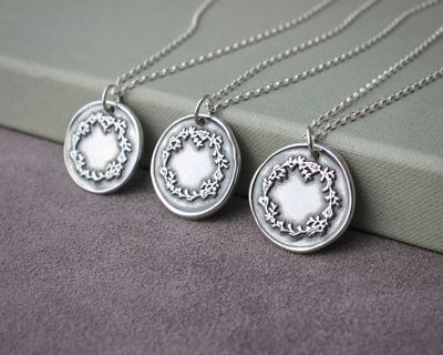 Solid Silver Floral Wreath Wax Seal Pendant Necklace