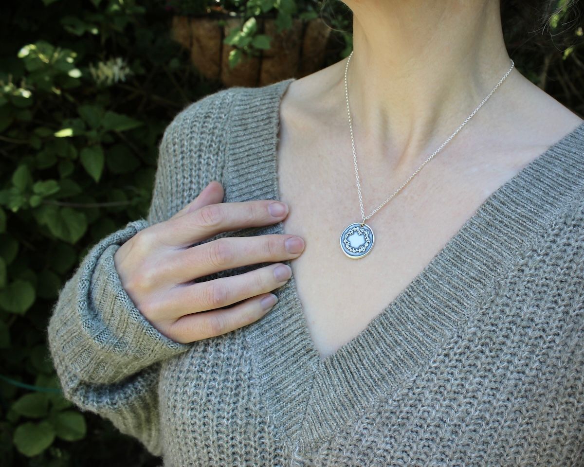 Solid Silver Floral Wreath Wax Seal Pendant Necklace