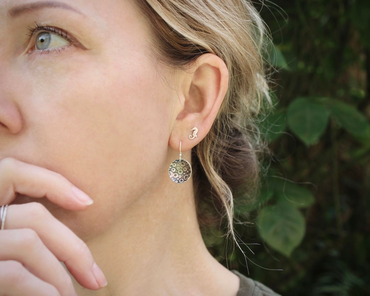 Silver 'Bubbles' Patterned Circular Domed Disc Earrings