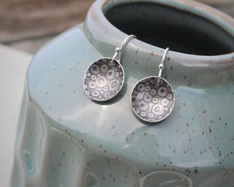 Silver 'Bubbles' Patterned Circular Domed Disc Earrings